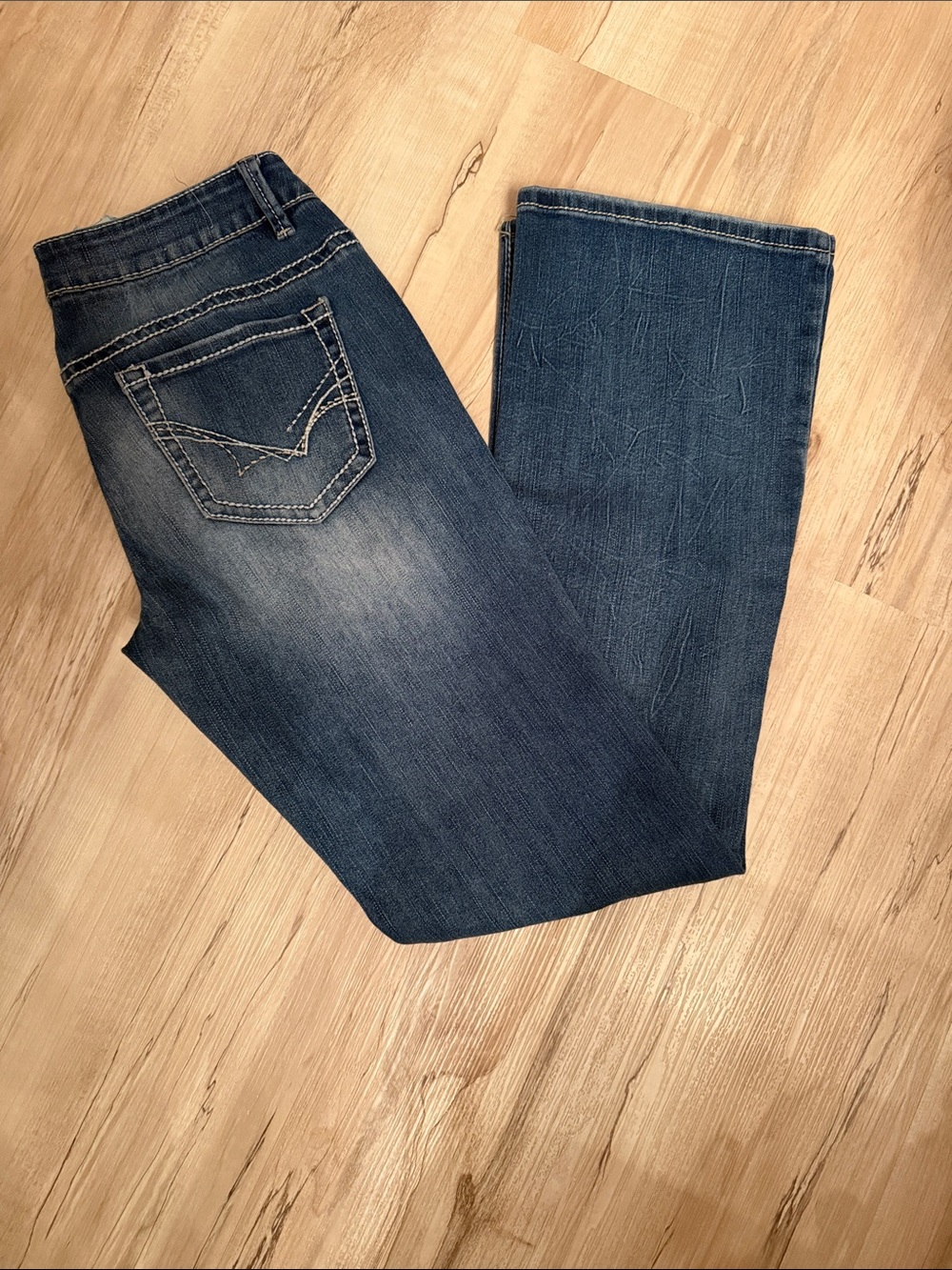 Warehouse One Mid-Rise Bootcut Jeans in Dark Blue